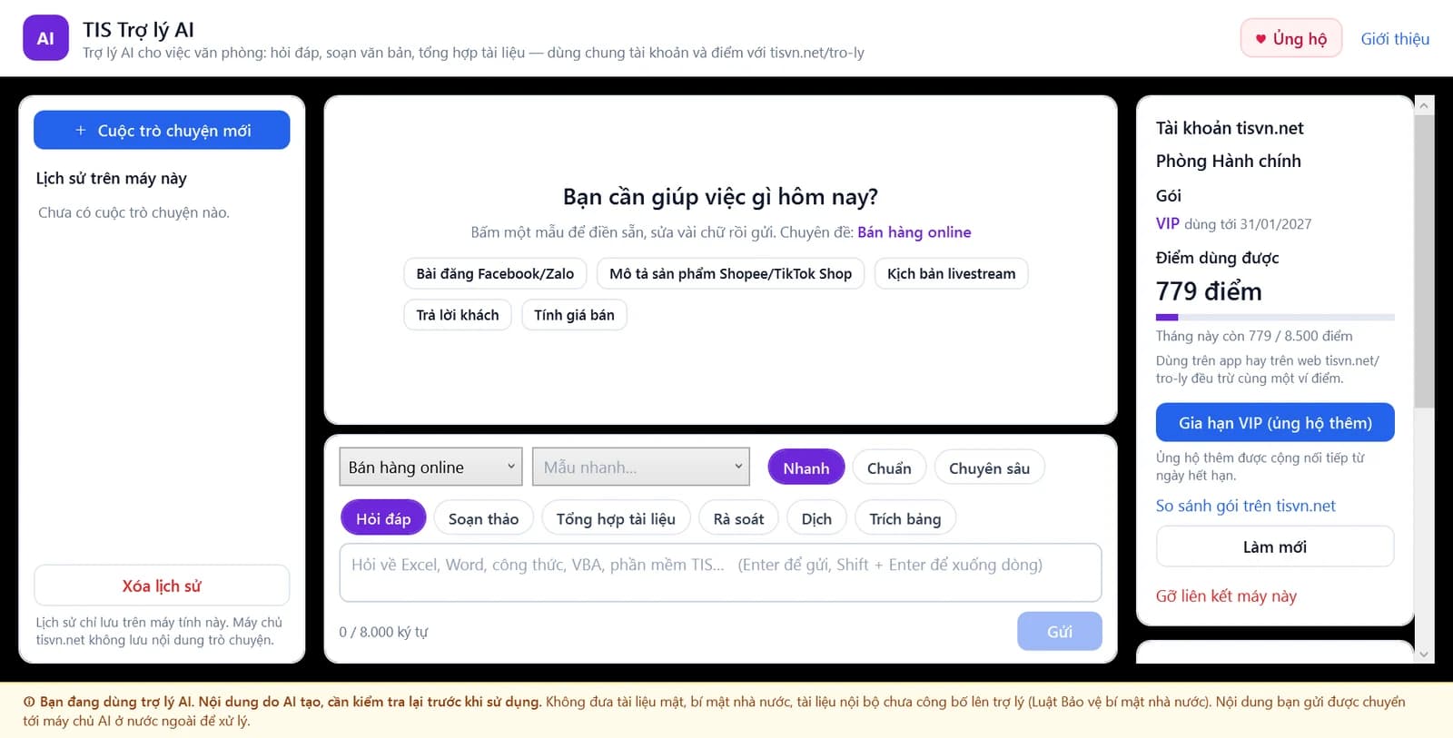 Màn hình bắt đầu của TIS Trợ lý AI với chuyên đề Bán hàng online và các mẫu bấm là dùng: bài đăng Facebook/Zalo, mô tả sản phẩm, kịch bản livestream