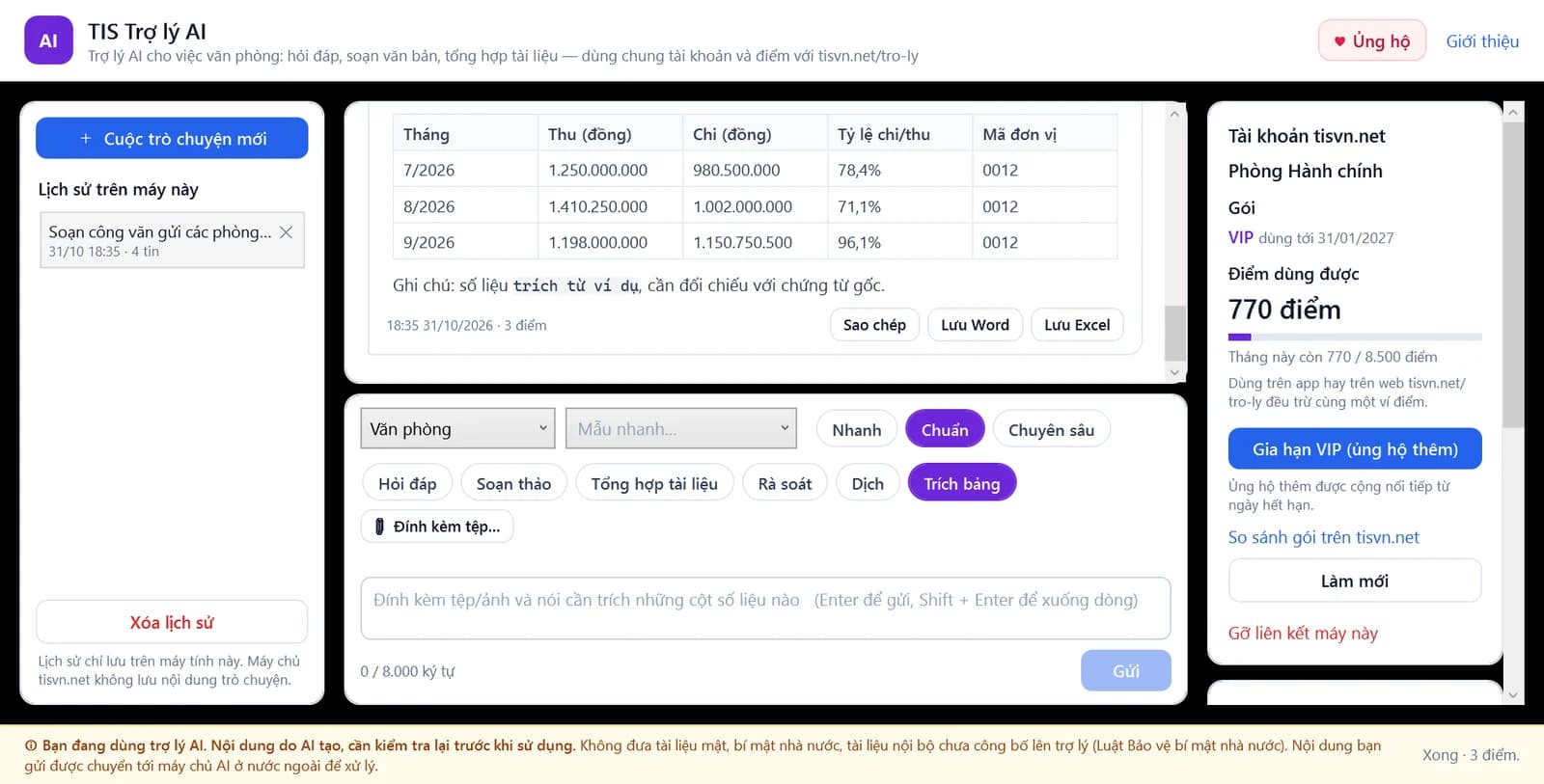 TIS Trợ lý AI trích số liệu thu chi theo tháng thành bảng, lưu được ra Excel