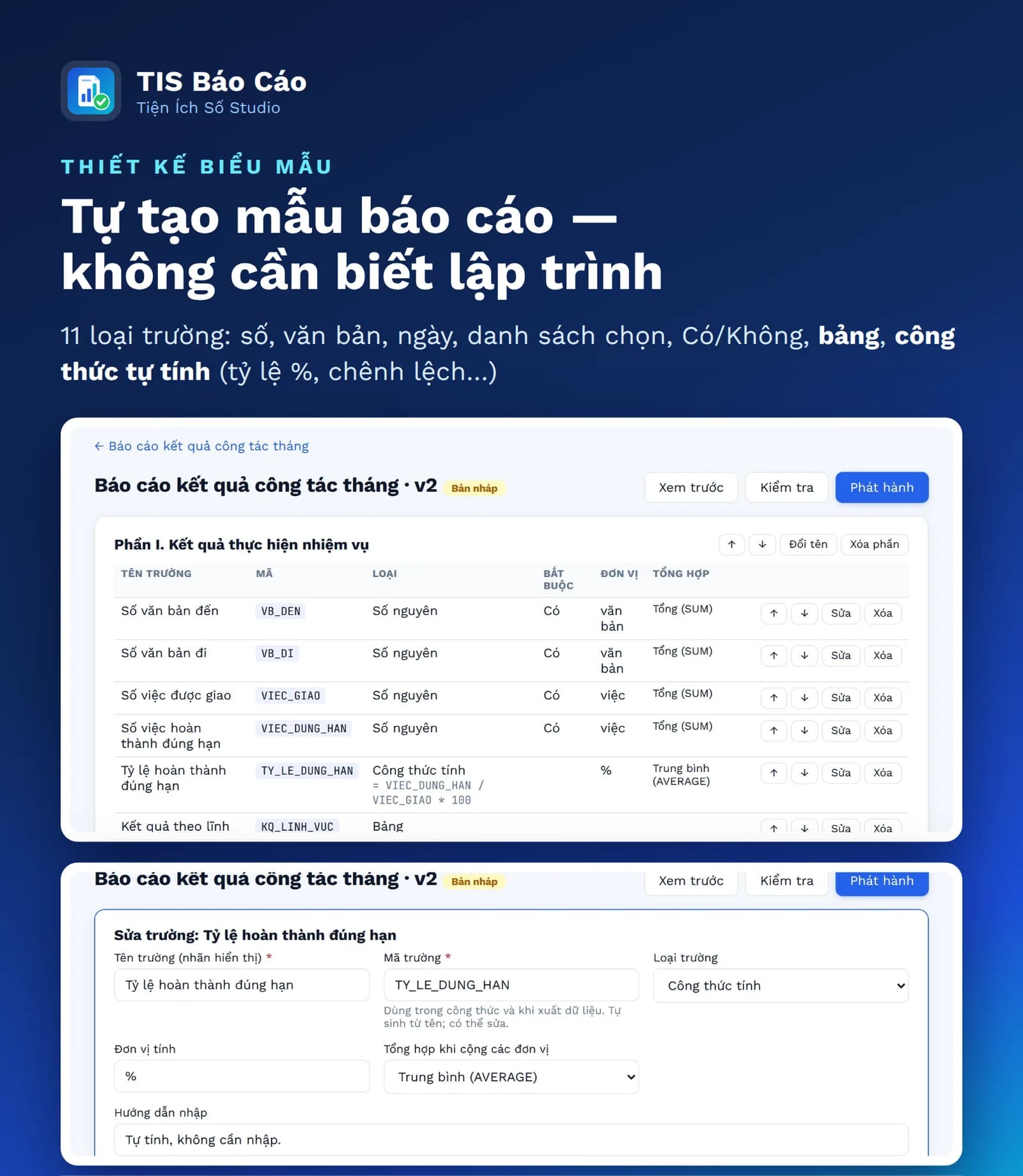 Màn hình thiết kế biểu mẫu báo cáo với trường số và công thức tự tính