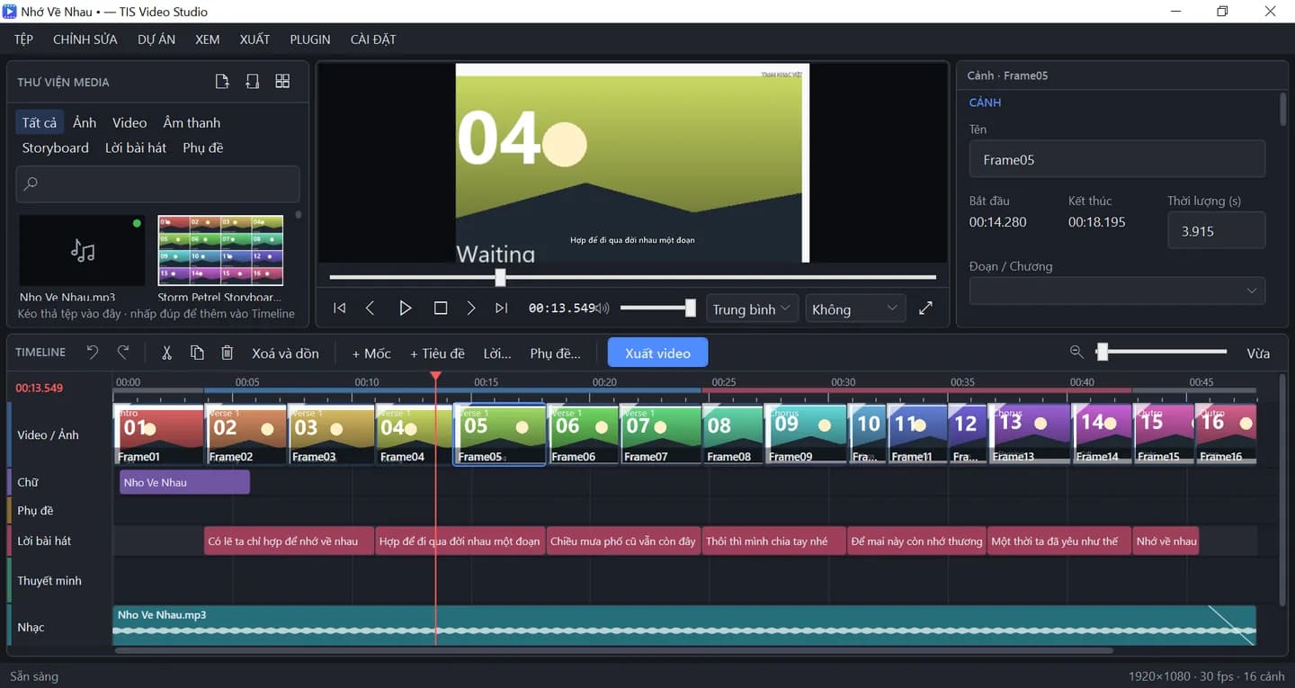 Timeline với các cảnh, lời bài hát và dạng sóng âm thanh