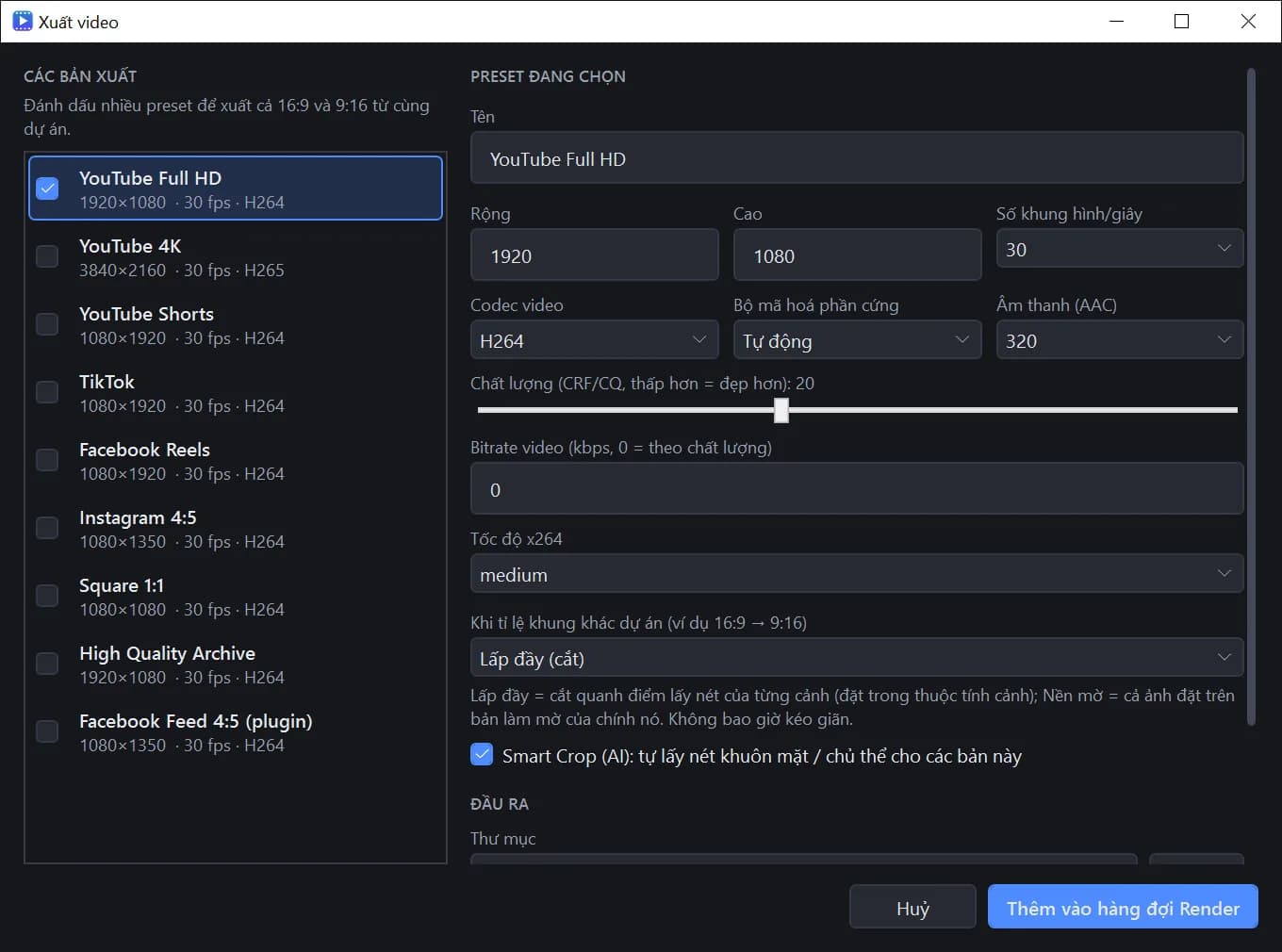 Xuất video theo preset YouTube, 4K, Shorts, TikTok, Reels