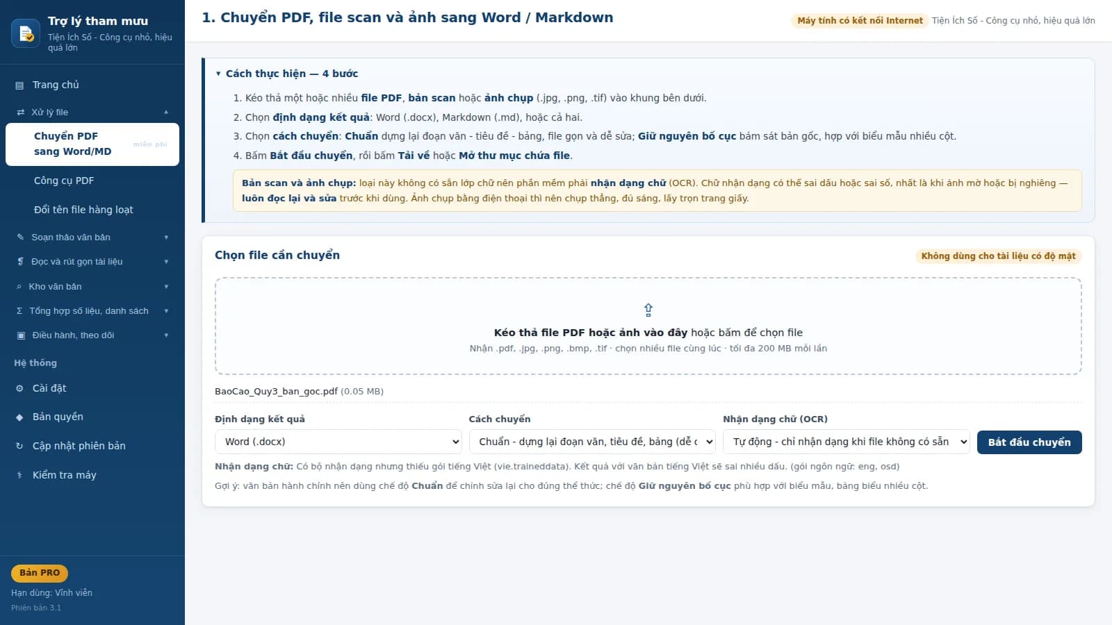 Màn hình chuyển PDF, bản scan và ảnh sang Word