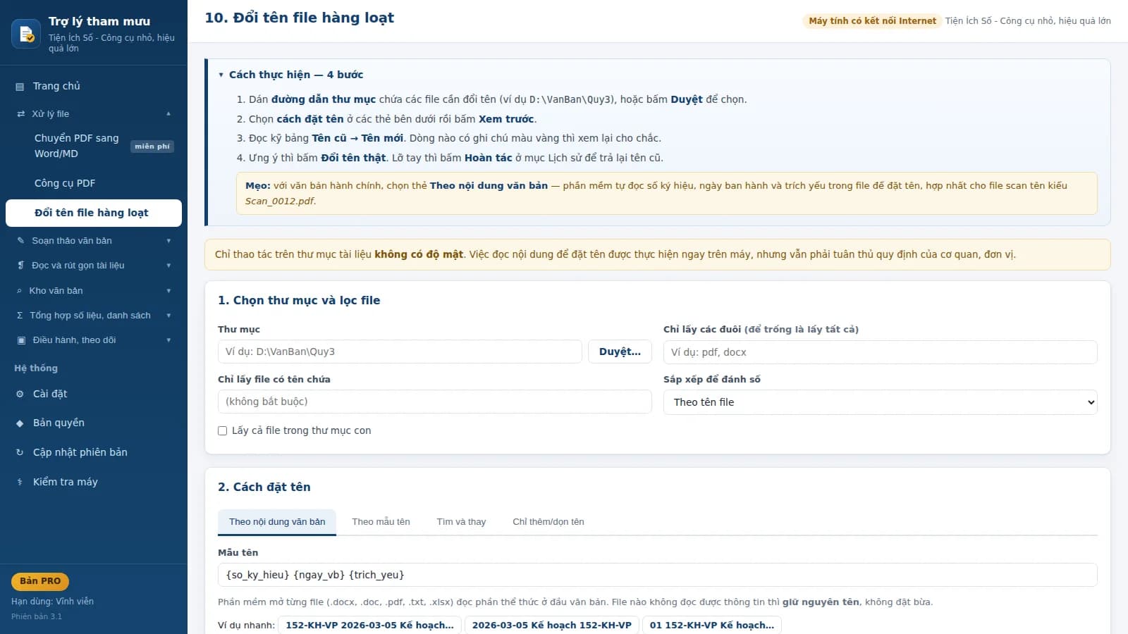 Màn hình đổi tên file hàng loạt theo số ký hiệu và ngày
