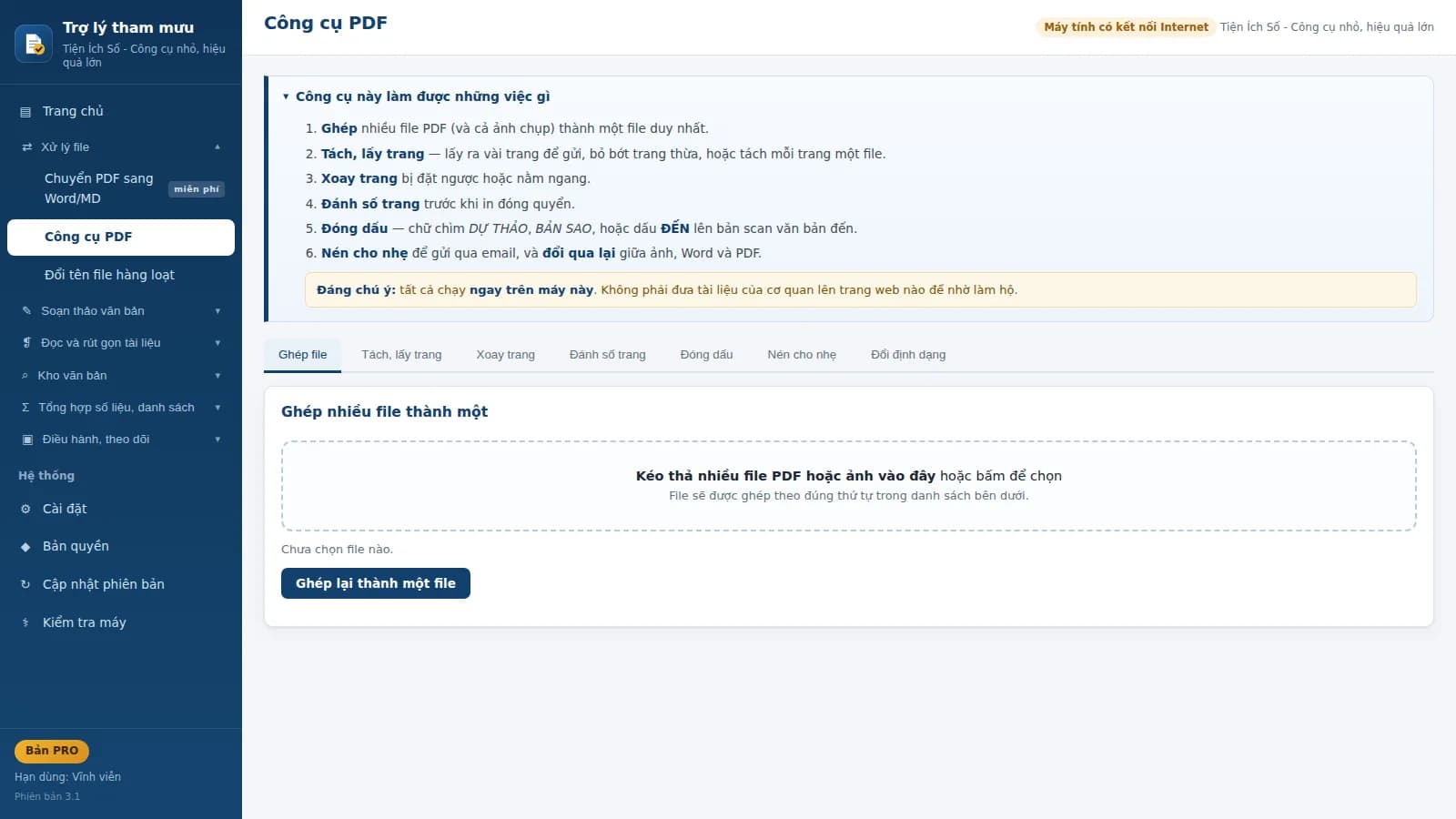Màn hình công cụ PDF: ghép, tách, xoay, đánh số trang