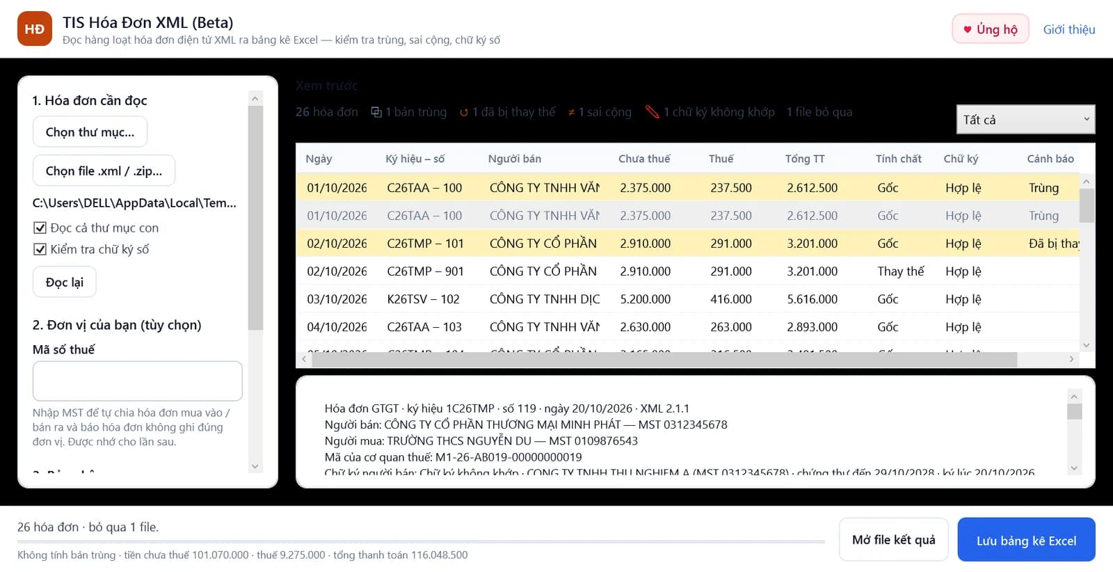 TIS Hóa Đơn XML: xem trước 26 hóa đơn mẫu với các cảnh báo trùng, đã bị thay thế, sai cộng và chữ ký không khớp